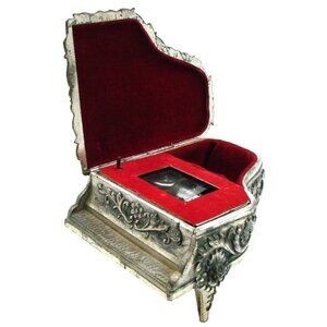Piano Metal Trinket Jewelry Music Box Cupid Flowers Design Vintage Japan Works